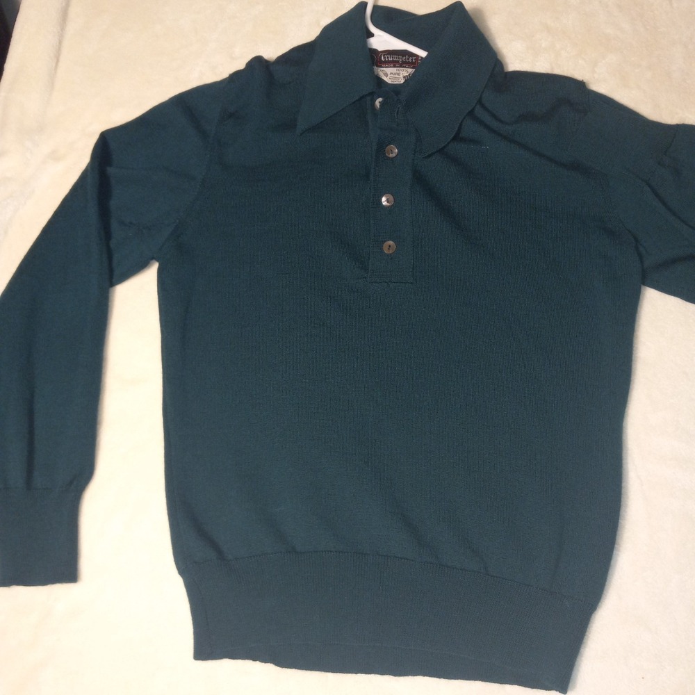 TRUMPETER 100% Pure Wool 1/4 BUTTON Sweater WOMENS L GREEN Knit Pullover